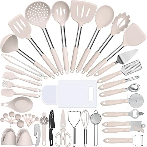 Silicone Cooking Utensil Set, Umite Chef 43 PCS Heat Resistant Kitchen Utensil Gadgets Set-Stainless Steel Handle- Kitchen Spatula Tools for Nonstick Cookware, Pots and Pans Accessories (Khaki) by UmiteChef