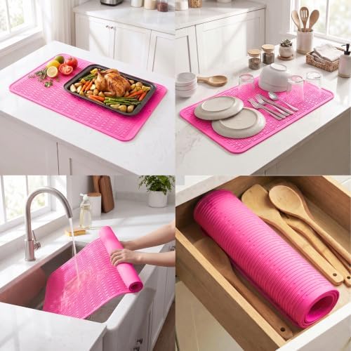 MicoYang Silicone Dish Drying Mat for Multiple Usage,Easy clean,Eco-friendly,Heat-resistant Silicone Mat for Kitchen Counter or Sink,Refrigerator or Drawer Liner Rose 4XL 32 inches x 18 inches - Image 4