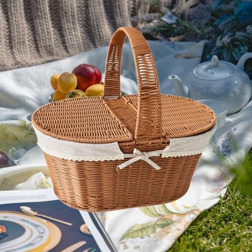 Imitation Rattan Picnic Basket Picnic Hamper Woven Storage Basket Fruit Basket for Bread Fishing Garden BBQ Outdoor Camping- Style a - Image 3