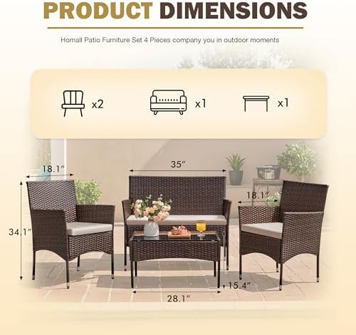 Homall 4 Pieces Outdoor Patio Furniture Set, Rattan Chairs, Brown & Beige - Image 6