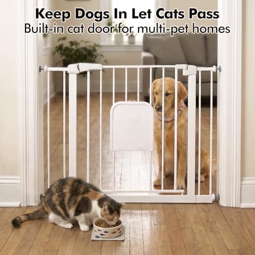 31-46“ Metal Pet Gate with Cat Door, Auto Close,Matte White - Image 2