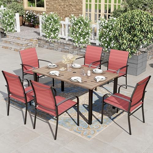 HERA'S HOUSE 7pc Patio Dining Set, Outdoor Wood-Like Metal Table & 6 Chairs by HERASHOUSE