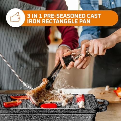 Bruntmor 3-In-1 Pre-Seasoned Cast Iron Pan with Reversible Grill Griddle Lid - 17.8"x11"x3.3" Non-Stick Multi Cooker Deep Roasting Grill Pan - Dutch Oven, Frying or Roasting Pan for Open Fire Camping - Image 3