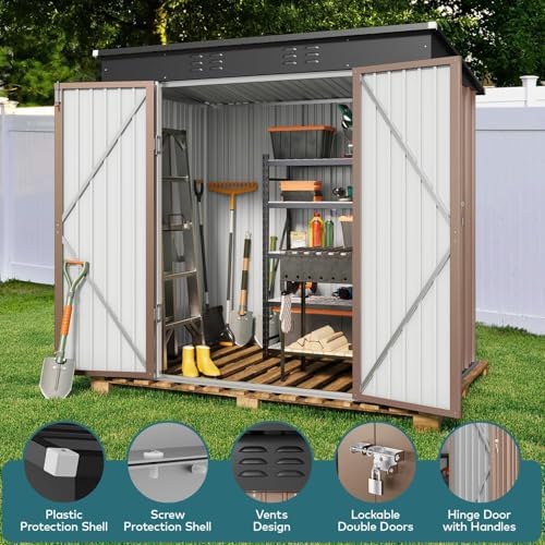 Gizoon 6x4 FT Outdoor Shed, Metal Garden Shed Lockable Doors, Brown - Image 4