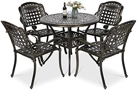 VIVIJASON 5-Piece Patio Furniture Dining Set, All-Weather Cast Aluminum Outdoor Conversation Set, Include 4 Chairs and a 35.4" Round Table w/Umbrella Hole for Balcony, Lawn, Garden, Backyard by VIVIJASON