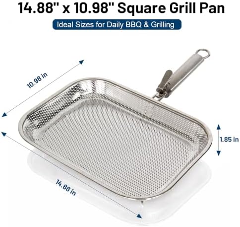 Stainless Steel Grill Pan with Removable Handle, 14.88" x 10.98" Meatl-perforated Holes Grill Pan for Outdoor Grilling, Square Deep Fryer Strainer Basket for Seafood, Vegetables & Meat, Grilling Pan for Charcoal and Gas Grills - Image 3