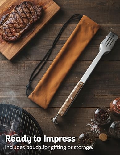 17-Inch Grill Tongs, Heavy Duty 304 Stainless Steel BBQ Tongs, Extra-Long Locking Grilling Tongs for Outdoor Grill & Smoker, Walnut Handle, Gift Pouch - Image 4