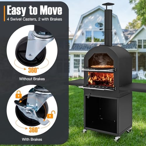 LDAILY Outdoor Pizza Oven, Wood Fired Pizza Maker with Side Shelves, Cooking Grids, Cover, Pizza Stone & Peel, Patio Portable Pizza Stove for Backyard, Camping & Party, Black - Image 7