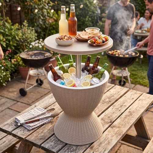EasyUp Outdoor Cooler Bar Table – 8 Gallon Outdoor Patio Cooler Table with Drain Plug, Adjustable Height Rattan-Style Resin Cool Bar for Poolside, Deck, BBQ & Parties Classic Grey - Image 2