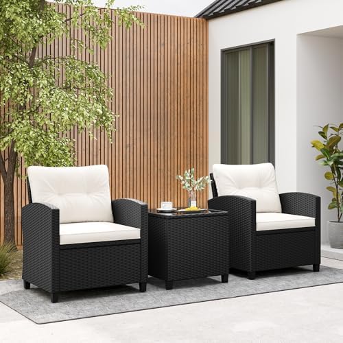 RELAX4LIFE 3-Piece Patio Furniture - Wicker Rattan Bistro Sofa Set w/Glass Top Coffee Table, Washable Cushions for Porch Balcony Backyard Poolside, Outdoor Conversation Set (Off White) - Image 2