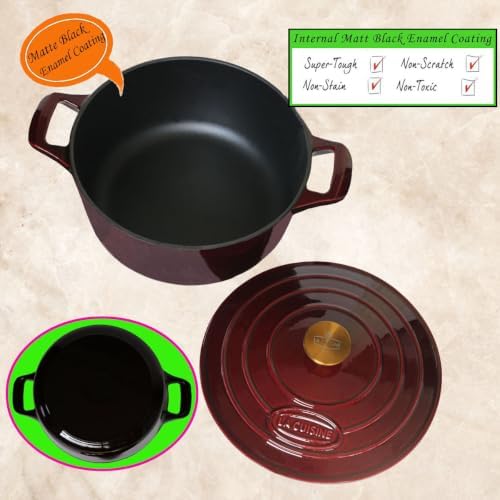 La Cuisine Enameled Cast Iron Dutch Oven Casserole Pot with Golden handle for Lid, Internal Matte Black Enamel Coating 2.1QT 10.5" / 20cm Ø, Oven-Safe 550°F/276°C Cranberry - Image 4