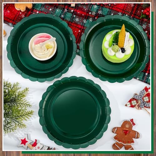 NatNarr 30 Pcs Dark Green Plates Disposable 7 Inch Scalloped Christmas Paper Plates Dessert Cake Plate Cute Party Plate for Wedding, Birthday, Holiday - Image 4