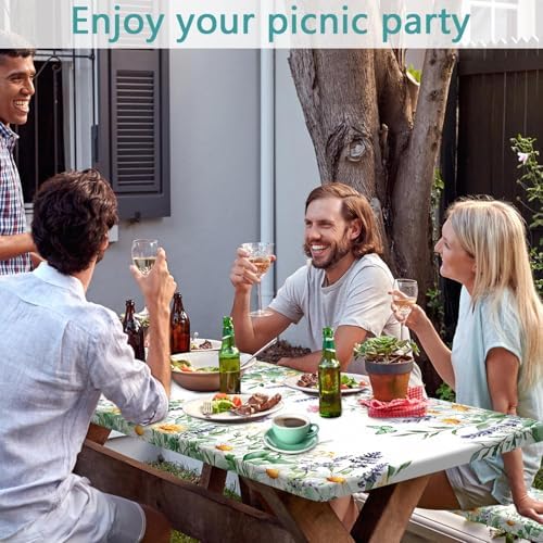 Floral Picnic Table Cover with Bench Covers, Camping Essentials, Leaves Flower Butterfly Waterproof Windproof, Fitted Tablecloth Cover with Elastic Edge, for Indoor, Outdoor, 3 PCS, 30x72 Inch - Image 5