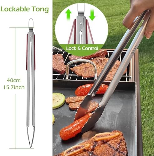 Double Two 4-Piece Stainless Steel BBQ Tool Set - Tong, Fork, Spatula, Brush - Utensils for Grill - Tools for Outdoor Grilling- BBQ Kits - Image 4