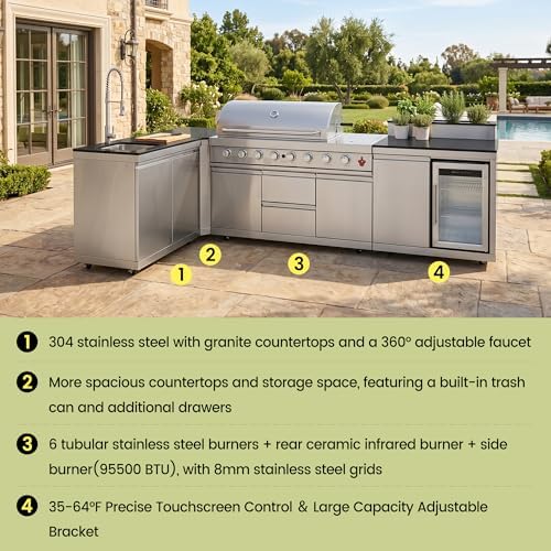 153'' 6-Burner 95500 BTU Propane Gas Outdoor Grill Island, 304 Stainless Steel, Sink + Double-Door Cabinet, Refrigerator, 3-Tier Corner Cabinet, For Backyard BBQ, Sliver - Image 5