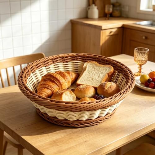 RT&BS 2pcs Round Wicker Bread Basket, Round Wicker Fruit Basket, Woven Egg Baskets, Reusable Handwoven Storage Baskets for Living Room, Kitchen, Store, Restaurant, Outdoor, Party (Bicolor, S) - Image 2
