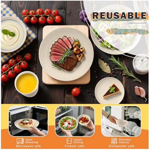 Wheat Straw Dinnerware Sets for 8, 32 PCS Unbreakable Plates and Bowls Sets, Kitchen Dish Set - Dinner Plate/Dessert Plate/Cereal Bowl/Cup, for Outdoor Camping RV Apartment Essentials - Beige - Image 6