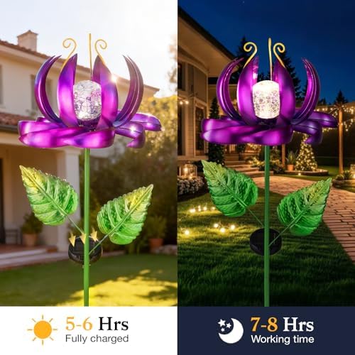 Garden Decor Solar Wind Spinners- Metal Lotus Flower Yard Lights LED Crackle Glass Globe Yard Art Sculpture Solar Stake Lights for Patio Pathway Lawn Walkway(Purple-Large) - Image 6