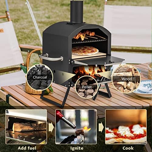 COSTWAY Outdoor Pizza Oven, Wood Fire Stone with Peel, Waterproof Cover - Image 4