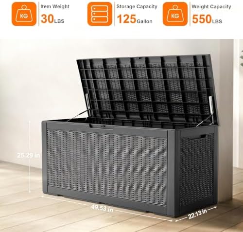 125 Gallon Outdoor Storage Box, Large Waterproof UV Resistant Deck Box, Lockable Storage Container for Patio Furniture Cushions Garden Tools and Pool Accessories(Black, 125 Gallon) - Image 6