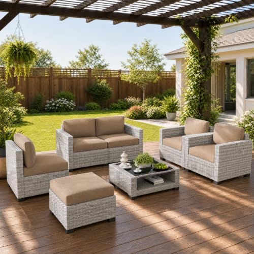 LOUVIXA 7 Piece Outdoor Patio Furniture Set, Rattan Chairs Glass Table Wicker Conversation Seating Sectional Sofa with Cushions (Grey White-Camel, 7Pcs-2 Layer Coffee Table) by LOUVIXA