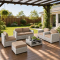 LOUVIXA 7 Piece Outdoor Patio Furniture Set, Rattan Chairs Glass Table Wicker Conversation Seating Sectional Sofa with Cushions (Grey White-Camel, 7Pcs-2 Layer Coffee Table) by LOUVIXA