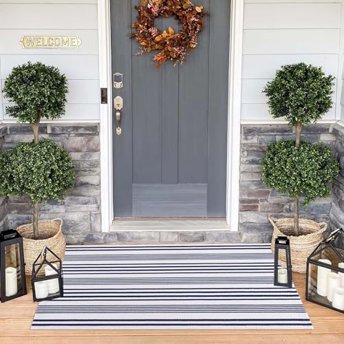 Blue and White Outdoor Rug 24"x51"Fall Woven Striped Front Porch Rug - Image 6
