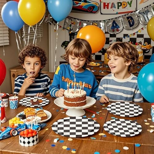 WRAPAHOLIC 25Pcs Racing Cars Paper Plates - 9 Inch Black and White Racing Flags Disposable Plates Decorative Dinner Plates for Party Tableware Supplies Table Decor - Image 6