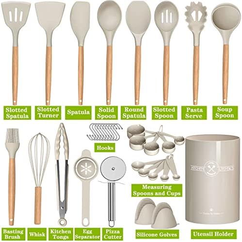 Umite Chef 36pcs Silicone Kitchen Cooking Utensils with Holder, Heat Resistant Cooking Utensils Sets Wooden Handle, Khaki Nonstick Kitchen Gadgets Tools Include Spatula Spoons Turner Pizza Cutter - Image 2