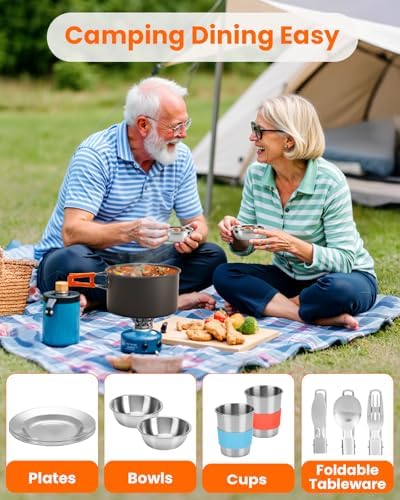 Fitense 21Pcs Camping Cookware Mess Kit for 2, Lightweight Camping Kitchen Pots and Pans Set, Portable Cooking Essentials for Backpacking, Hiking and Picnic - Image 3