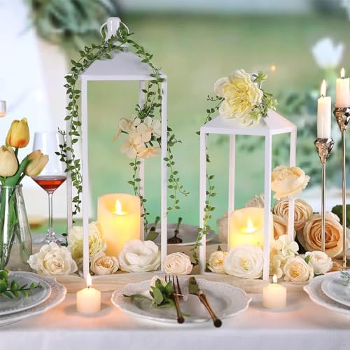 White Decorative Lantern Decor 17" 13" Set of 2 Wedding Lantern with Candle - Image 2