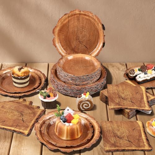 Kochorie 150 Pieces Wood Grain Slice Tableware Set Disposable Paper Plates and Napkins Rustic Wood Party Decorations for Camping Baby Shower Hunting Lumberjack Birthday Party Supplies - Image 4
