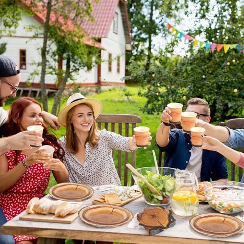 Kochorie 144 Pieces Rustic Wood Party Supplies, Wood Grain Slice Tableware Sets Including Disposable Paper Plates Napkins Cups Forks Serves 24 for Camping Birthday Forest Themed Party Decorations - Image 6