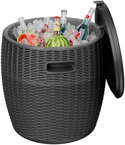 EasyUp 9.5 Gallon Outdoor Cooler Table, Wicker Round Ice Bucket for Parties, Rattan Bar Table with Top Lid Side Handles Drainage Plug, Beer Wine Cooler Side Tables for Patio, Poolside, Deck, Black by EASYUP