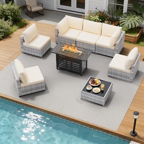 LOUVIXA 8 Piece Outdoor Patio Furniture Set, Outdoor Sectional Sofa with Firepit Table, Wicker Rattan Patio Furniture, Patio Conversation Set with Coffee Table & Cushions - Image 3