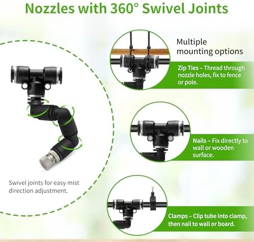 Outdoor Misting Cooling System, 32FT (10M) Misting Line + 8 Adjustable 360° Nozzles + 3/4” Threaded Adapter, Garden, Greenhouse, Misters for Outside Patio - Image 4
