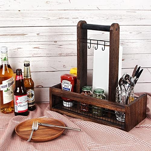 J JACKCUBE DESIGN Rustic Wood Tabletop Organizer for Outdoor Dining, Grill, BBQ Condiment, Spices, Spatula, Tong, Utensil Holder and Paper Towel Serving Caddy - MK718A (Rustic Wood) - Image 2