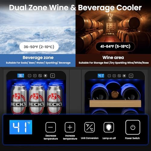 24 Inch Wine and Beverage Refrigerator, 85 Cans and 18 Bottles Dual Zone Wine Fridge with Glass Door Built in or Freestanding, Under Counter Refrigerator for Soda Beer Wine-Kitchen Bar Office - Image 2