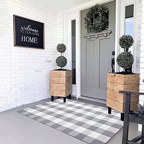 MUBIN Cotton Buffalo Plaid Rug, 3' x 5' Gray White Outdoor Rug Front Door Decorative Mat, Washable Doormat Hand-Woven Foldable Area Rug Layered Door Mats Rug for Front Porch, Entryway, Patio - Image 4
