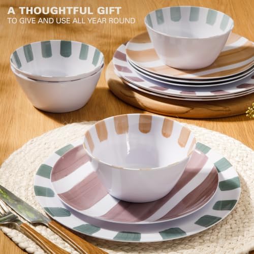 Gibson Home Cottage Stripes 12-Piece Melamine Plates and Bowls Dinnerware Set - Outdoor, Camping, & Everyday Use - Assorted Colors - Image 4