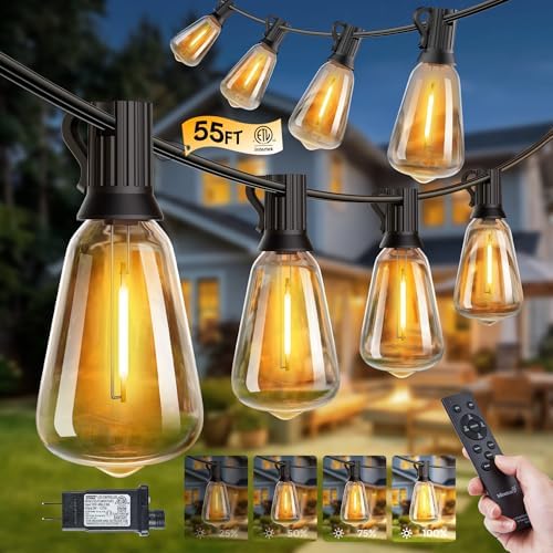 Minetom 55FT Outdoor String Lights with Remote, ST38 Patio Lights Dimmable by Minetom