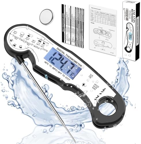 Digital Instant Read Meat Thermometer Digital for Grilling and Cooking - ANDAXIN Waterproof Ultra-Fast Thermometer with Backlight&Calibration&Foldable Probe for Kitchen,Deep Fry,BBQ,Grill-Black/White by ANDAXIN