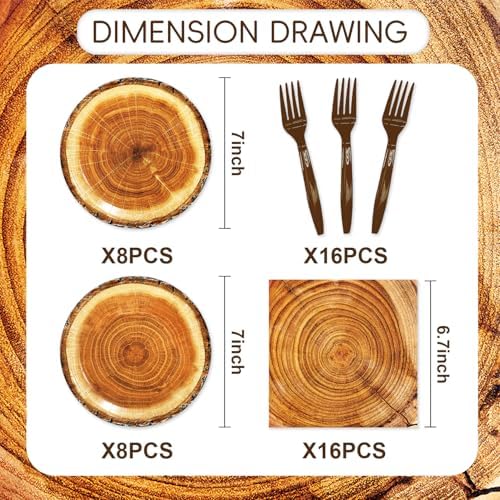 Wood Grain Slice Party Decorations 48Pcs Disposable Camping Hunting Plates Napkins Forks Supplies for Forest Baby Shower Decor Rustic Wood Slice Birthday Party Decorations - Image 2