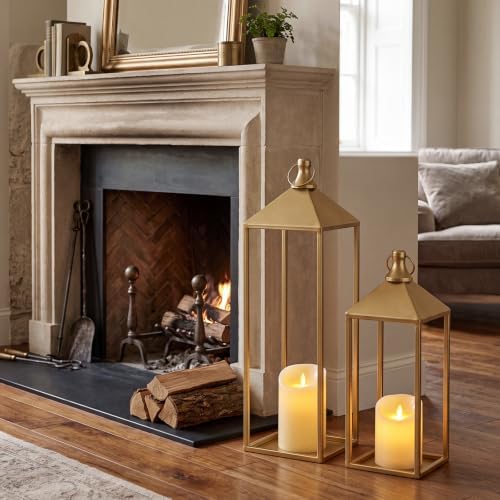 Set of 2 Decorative Lanterns with Candles, Gold Metal Lanterns Decor - Image 3