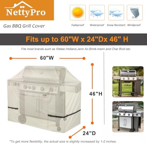 NettyPro Grill Cover for Outdoor Grill 60 inch Waterproof Heavy Duty Gas BBQ Cover for Outside Weber, Char-Broil, Brinkmann, Jenn Air, Nexgrill 3-4 Burners Barbecue, Beige - Image 6