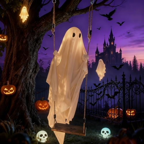 5FT Halloween Hanging Swing Ghost Decorations Outdoor with Lights, Large Hanging Swing Ghost with 6 3D Bats, Remote Timer Waterproof Ghost Decor for Front Porch Yard Tree - Image 6
