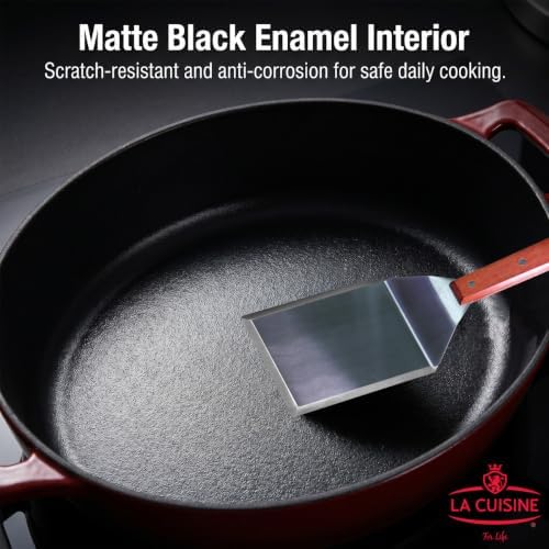 La Cuisine Enameled Cast Iron Braiser Sauté Pan Shallow Dutch Oven with Golden Knob for Lid Internal Matt Black Enamel 3.75 QT 11" / 28cm Ø Oven-Safe 550°F/276°C, Cranberry - Image 6