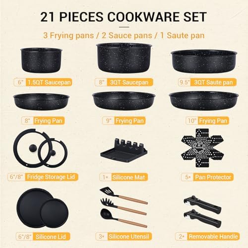 Ammeloo 21Pcs Pots and Pans Set Non Stick with Detachable Handle Frying Pan - Image 2