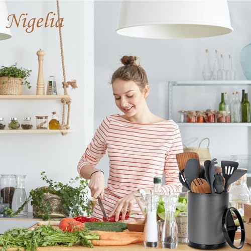 Nigelia Extra Large Kitchen Utensil Holder - 360° Rotating Stainless Steel Cooking Utensil Holder for Countertop, 3 Compartment Flatware Organizer & Utensil Caddy with Removable Base（Grey） - Image 3