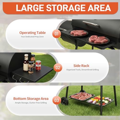 Outvita Charcoal Grill with Offset Smoker, Barrel Barbecue Smoker, Black - Image 5